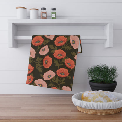 Poppy Waltz Floral on Dark Chocolate Tea Towel with hand drawn artwork - Flourish Moon Studio