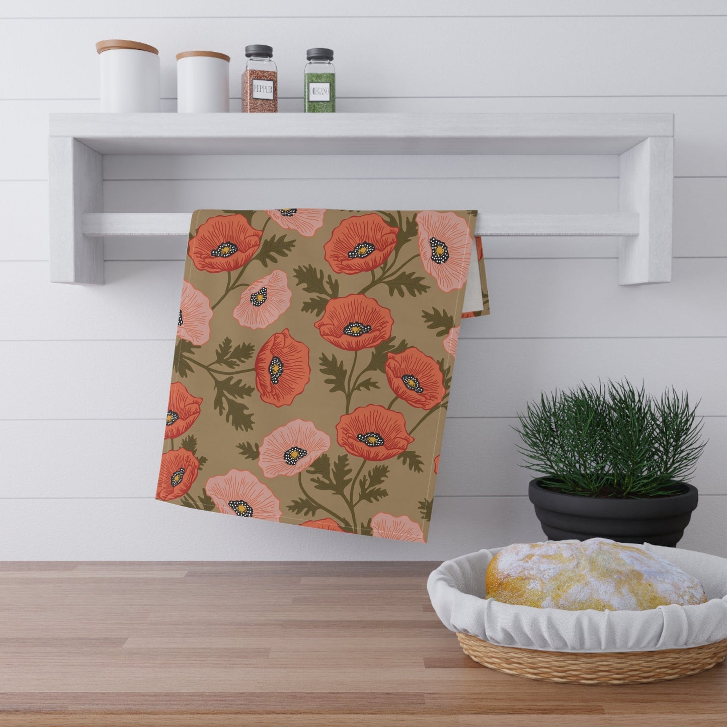 Poppy Waltz Floral on Muted Sage Tea Towel with hand drawn artwork - Flourish Moon Studio