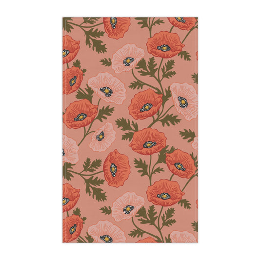 Poppy Waltz Floral on Peach Blush Tea Towel with hand drawn artwork - Flourish Moon Studio