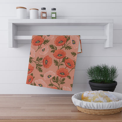 Poppy Waltz Floral on Peach Blush Tea Towel with hand drawn artwork - Flourish Moon Studio