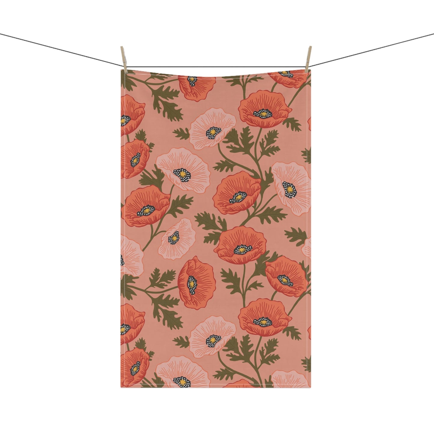 Poppy Waltz Floral on Peach Blush Tea Towel with hand drawn artwork - Flourish Moon Studio