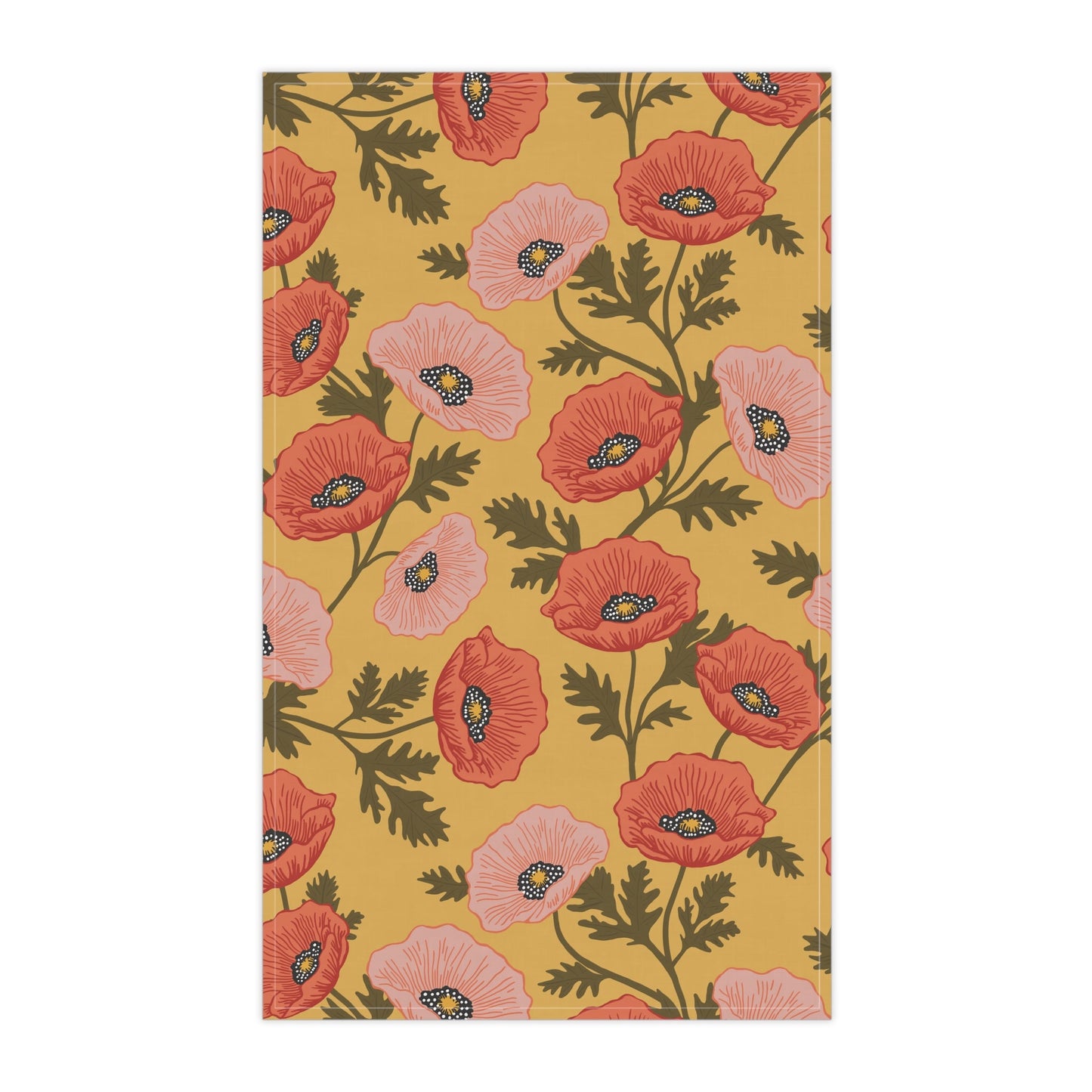 Poppy Waltz Floral on Sunshine Yellow Tea Towel with hand drawn artwork - Flourish Moon Studio