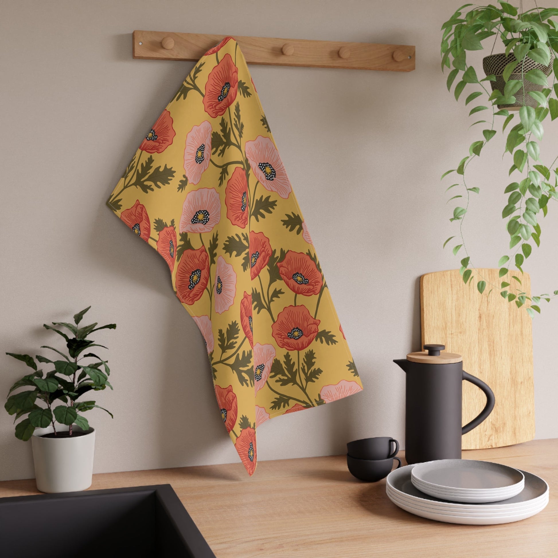 Poppy Waltz Floral on Sunshine Yellow Tea Towel with hand drawn artwork - Flourish Moon Studio
