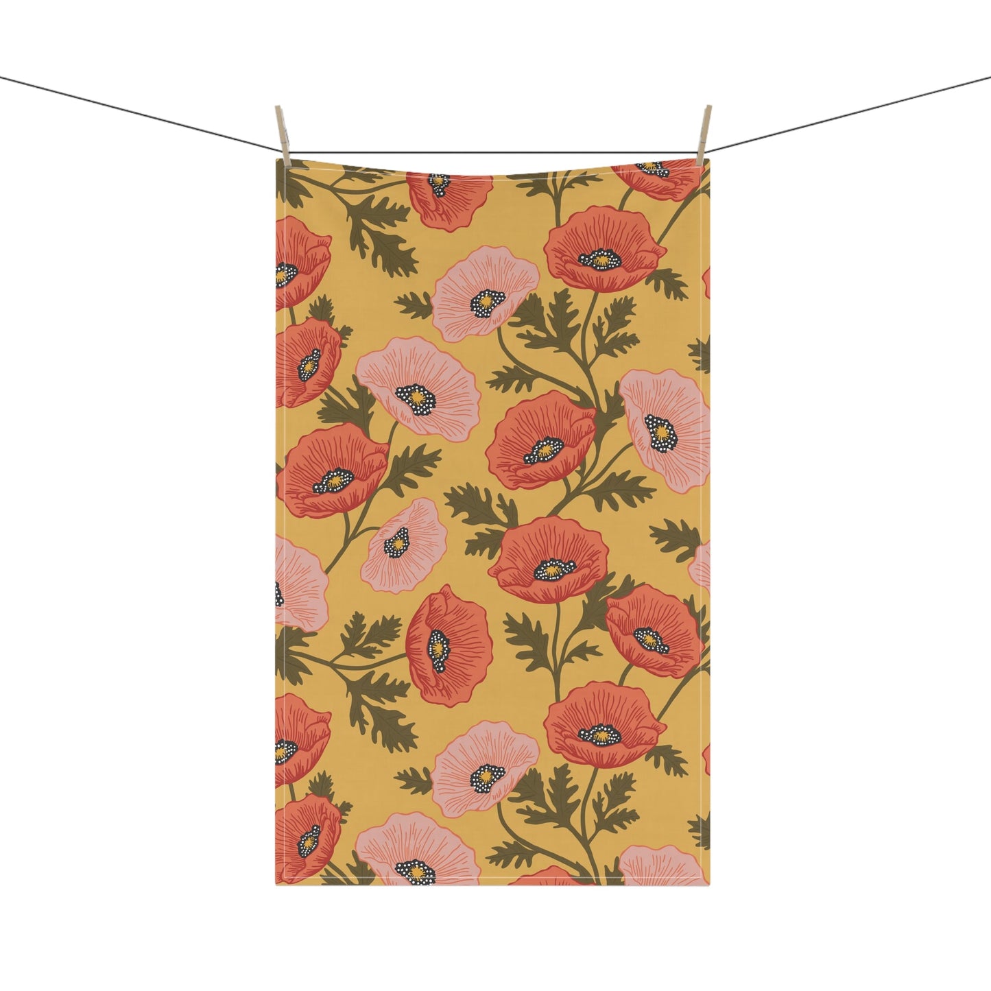 Poppy Waltz Floral on Sunshine Yellow Tea Towel with hand drawn artwork - Flourish Moon Studio