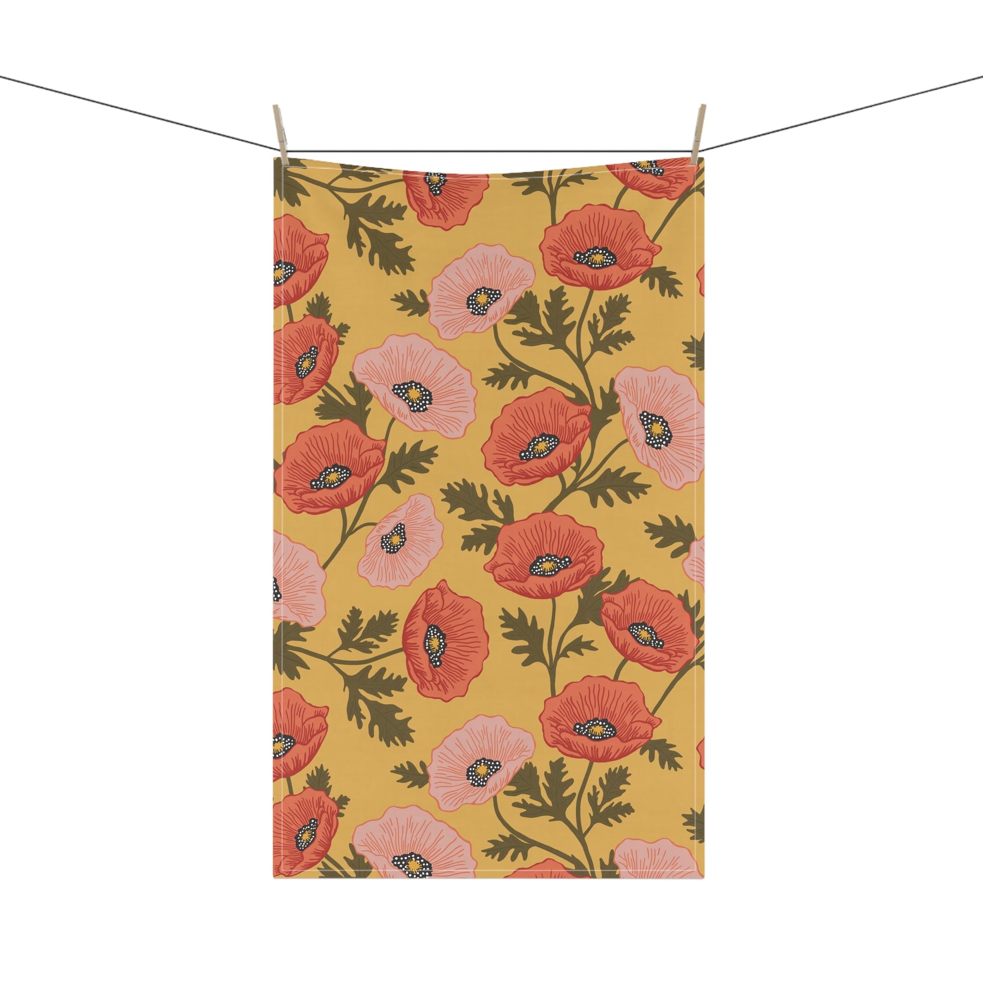 Poppy Waltz Floral on Sunshine Yellow Tea Towel with hand drawn artwork - Flourish Moon Studio