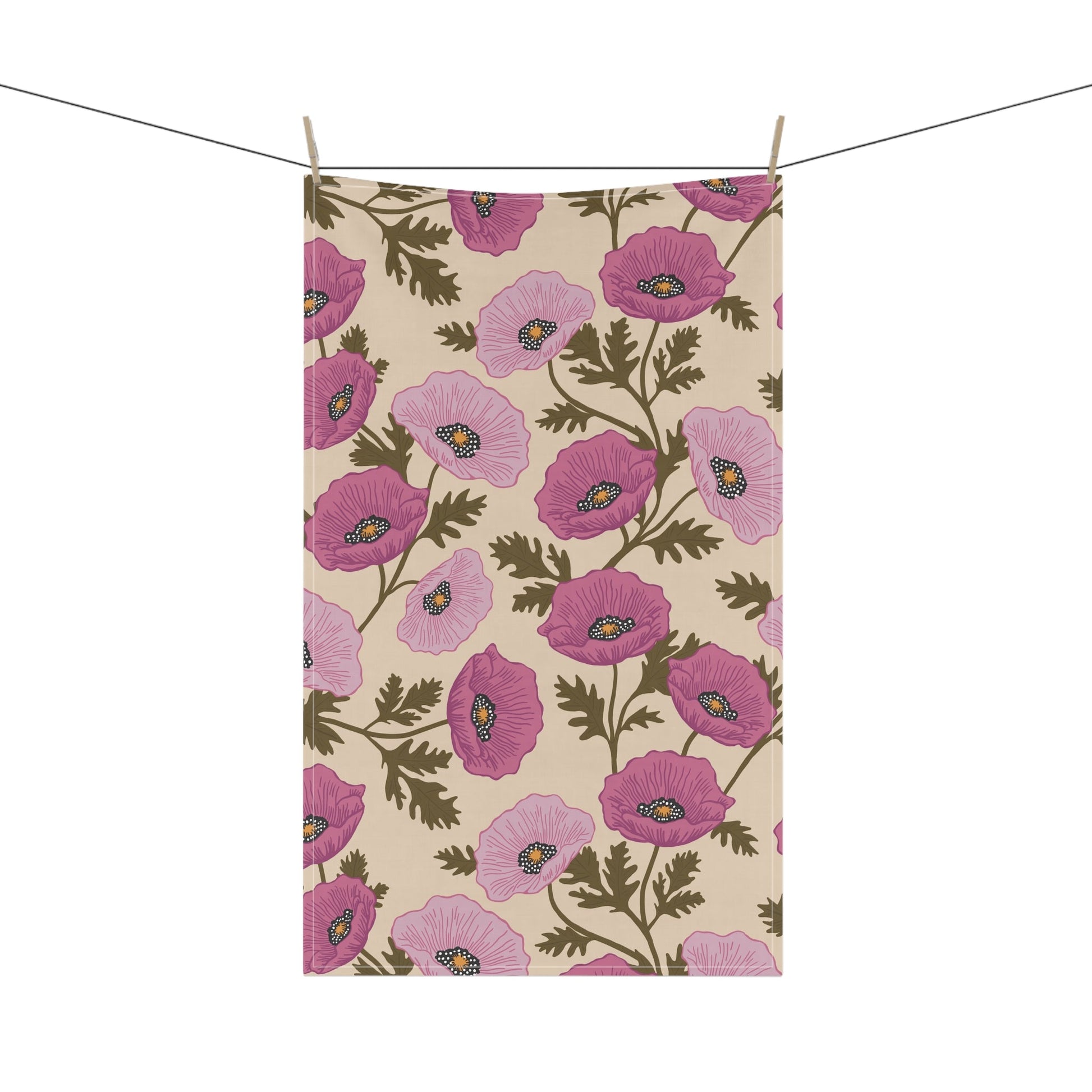 Poppy Waltz Floral Rosewood Pink Tea Towel with hand drawn artwork - Flourish Moon Studio