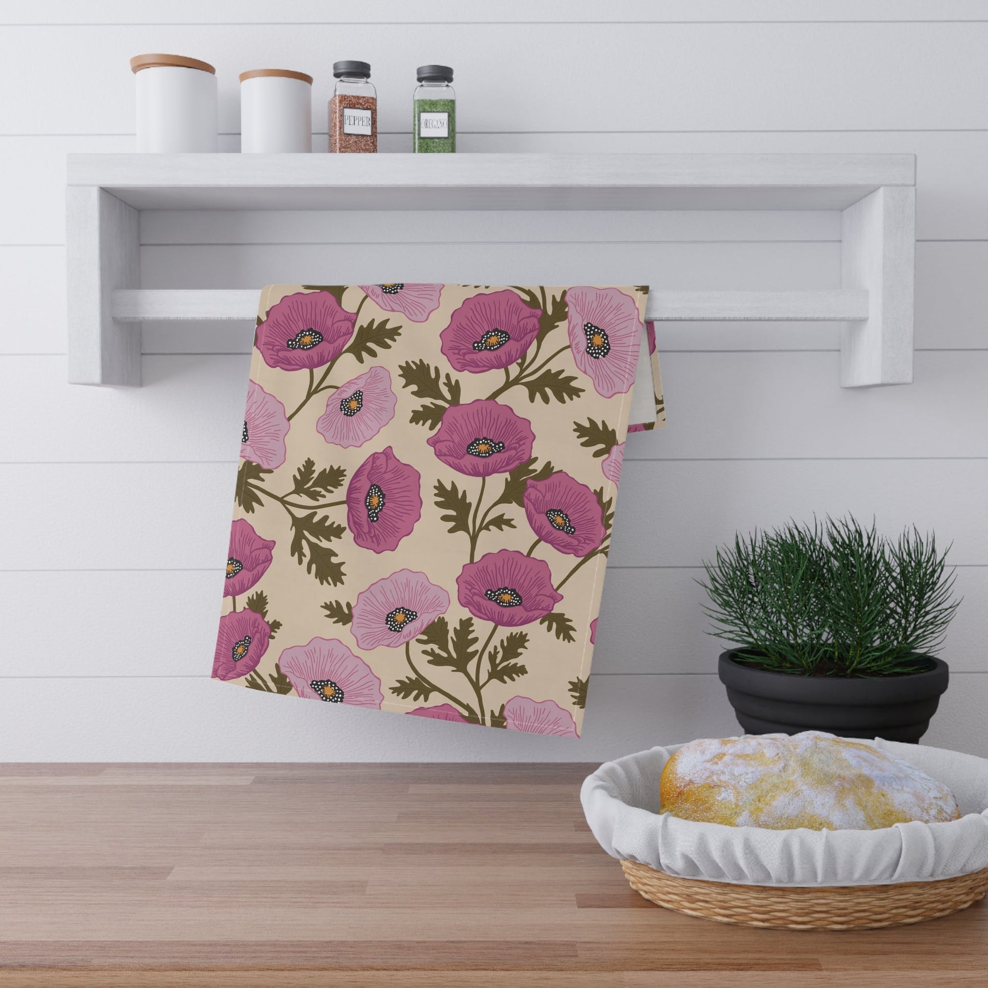 Poppy Waltz Floral Rosewood Pink Tea Towel with hand drawn artwork - Flourish Moon Studio
