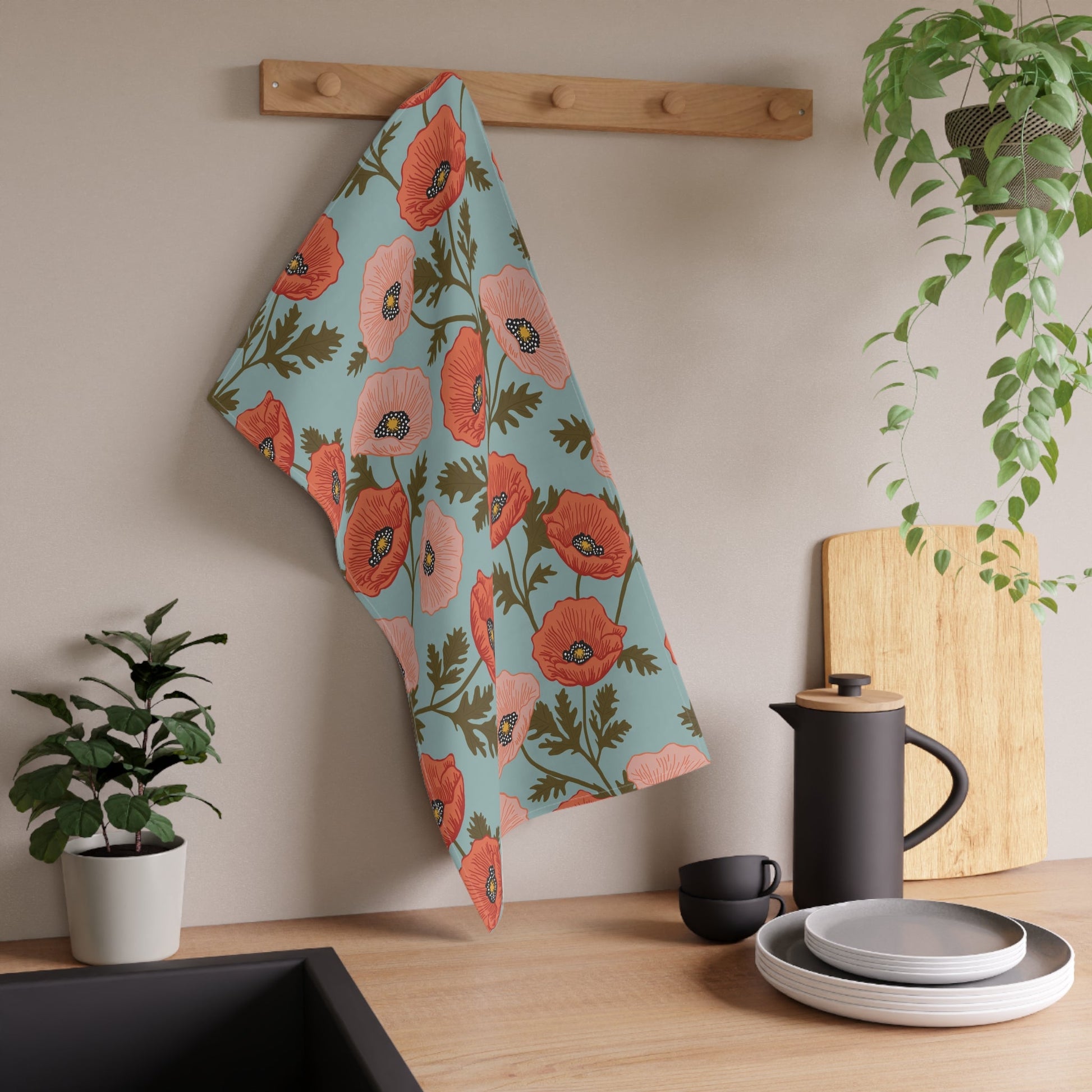 Poppy Waltz Floral Tea Towel with hand - drawn artwork - Flourish Moon Studio
