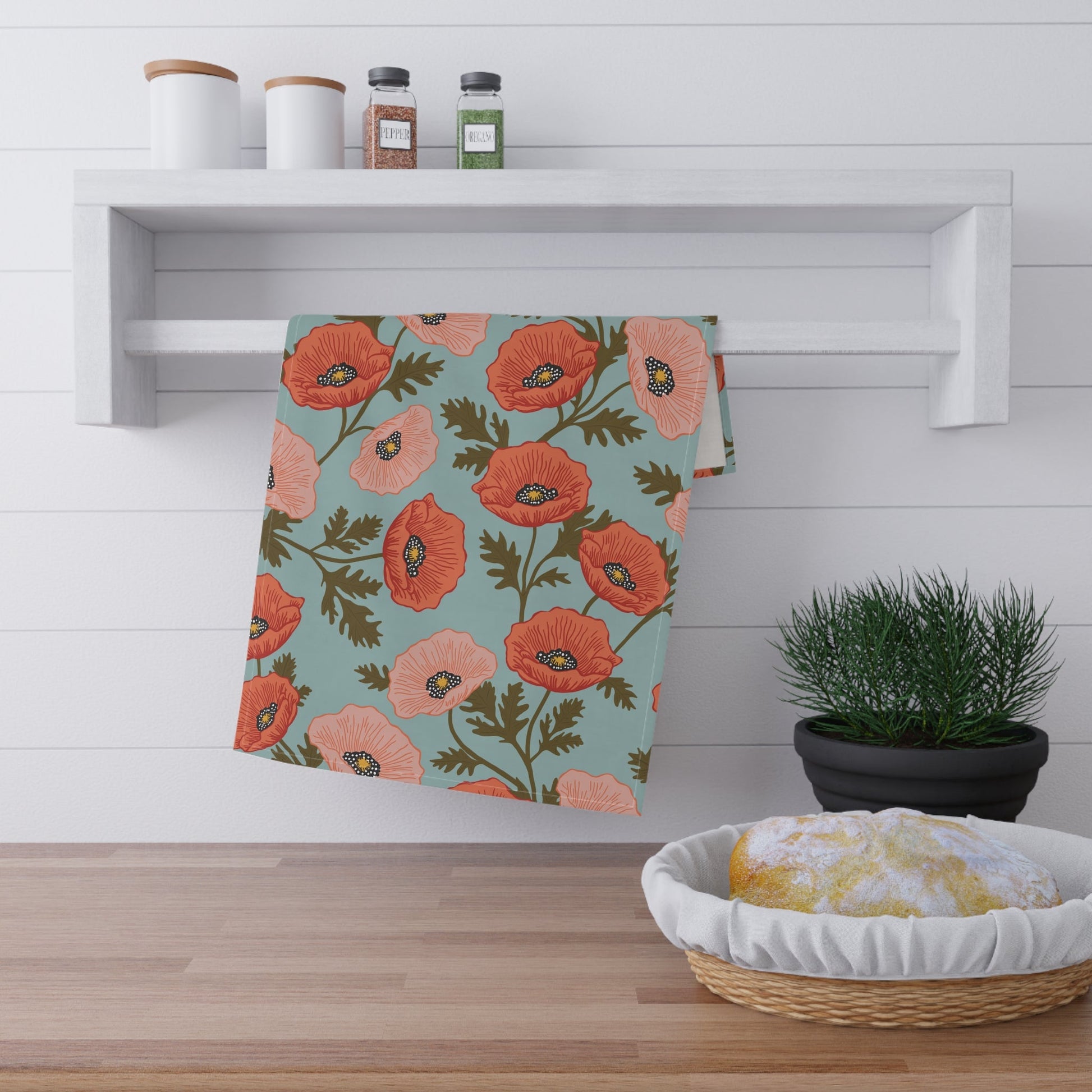 Poppy Waltz Floral Tea Towel with hand - drawn artwork - Flourish Moon Studio