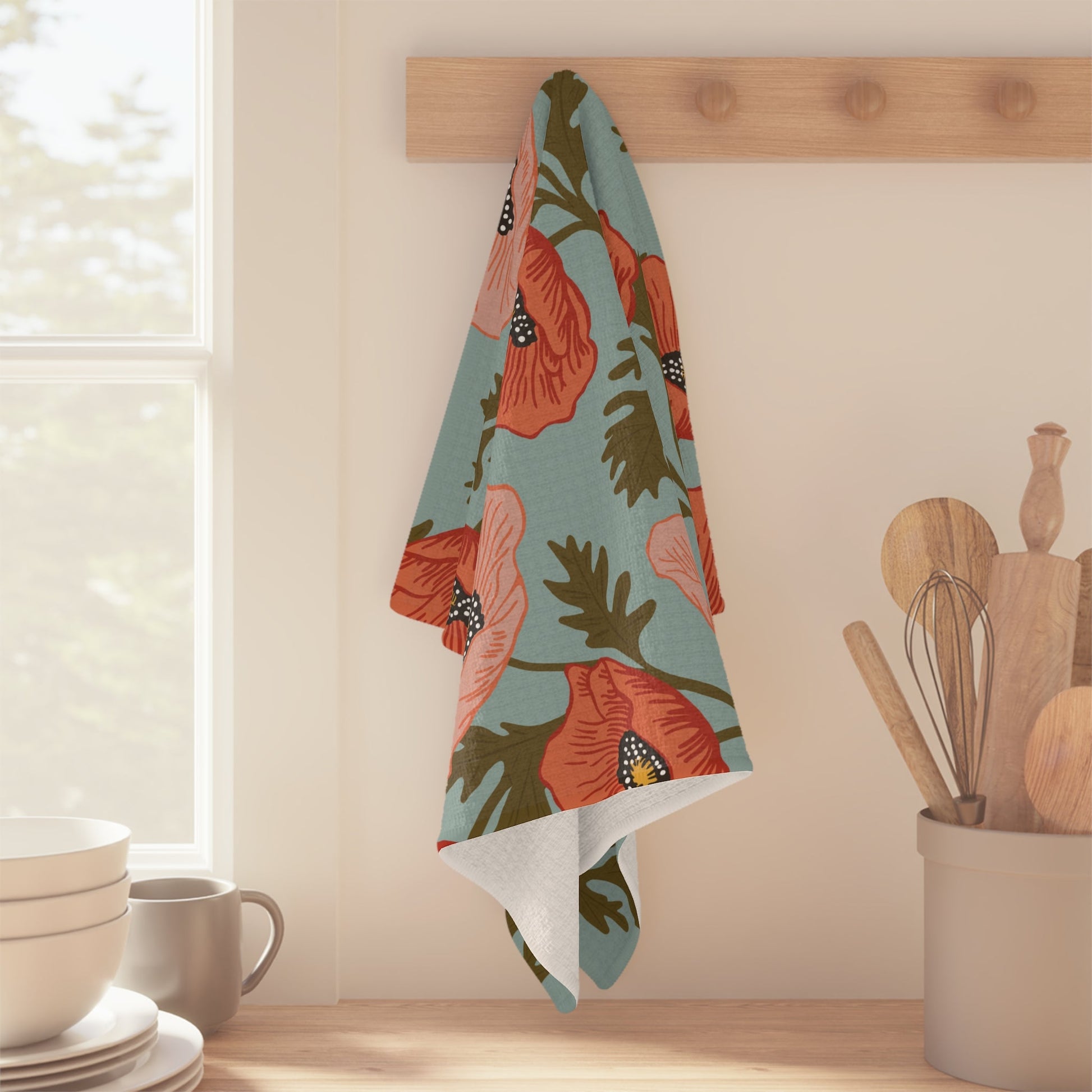 Poppy Waltz Microfiber Waffle Kitchen Towel with hand - drawn artwork - Flourish Moon Studio
