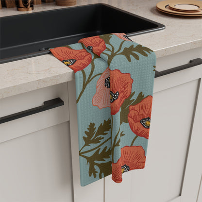 Poppy Waltz Microfiber Waffle Kitchen Towel with hand - drawn artwork - Flourish Moon Studio
