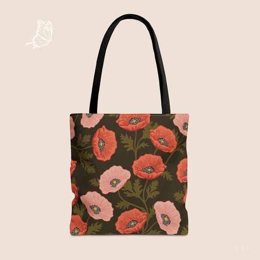 Poppy Waltz on Dark Chocolate Day Tote Bag with hand drawn artwork - Flourish Moon Studio