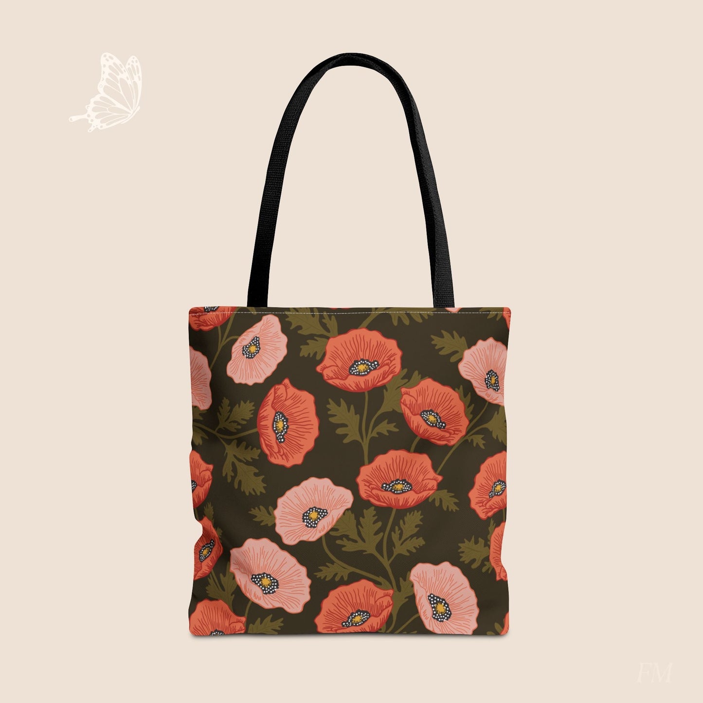 Poppy Waltz on Dark Chocolate Day Tote Bag with hand drawn artwork - Flourish Moon Studio