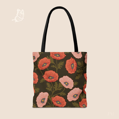 Poppy Waltz on Dark Chocolate Day Tote Bag with hand drawn artwork - Flourish Moon Studio