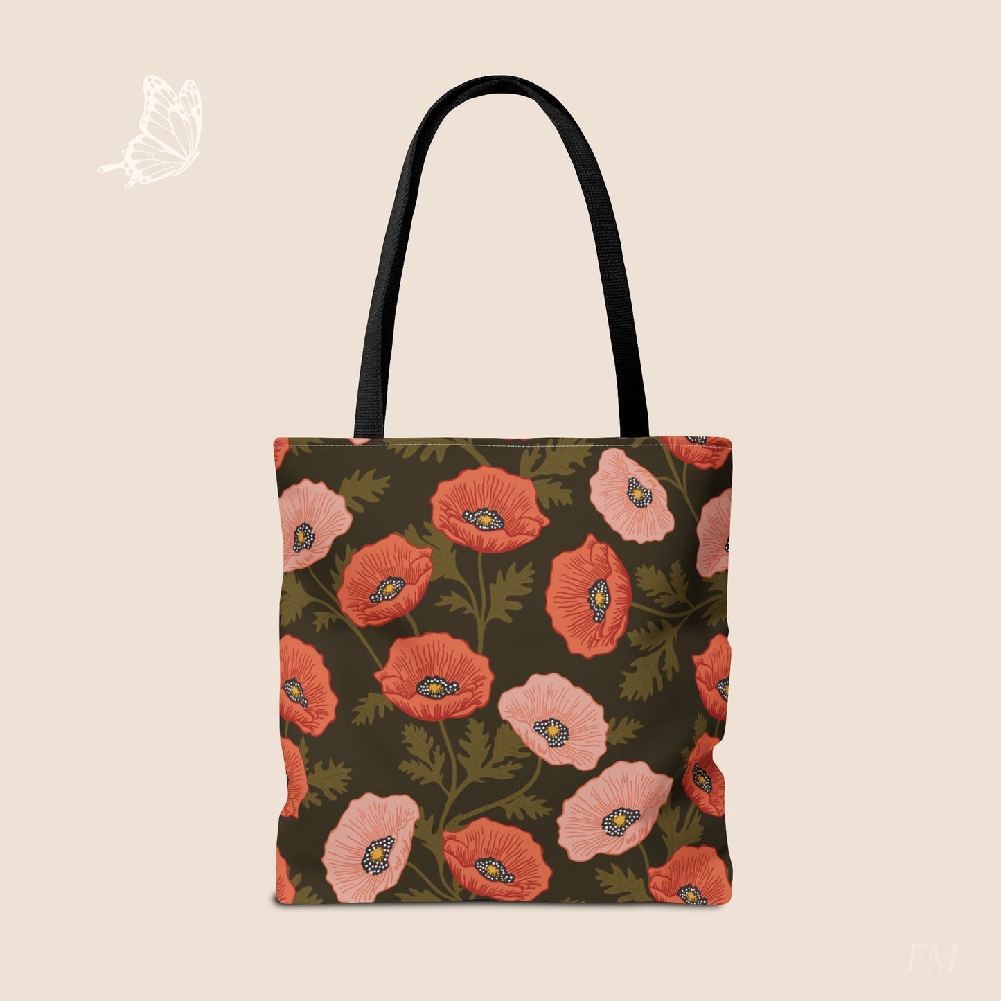 Poppy Waltz on Dark Chocolate Day Tote Bag with hand drawn artwork - Flourish Moon Studio