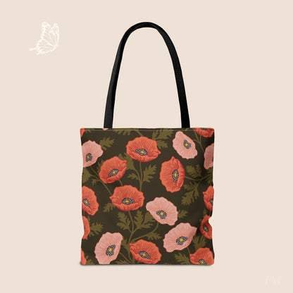 Poppy Waltz on Dark Chocolate Day Tote Bag with hand drawn artwork - Flourish Moon Studio