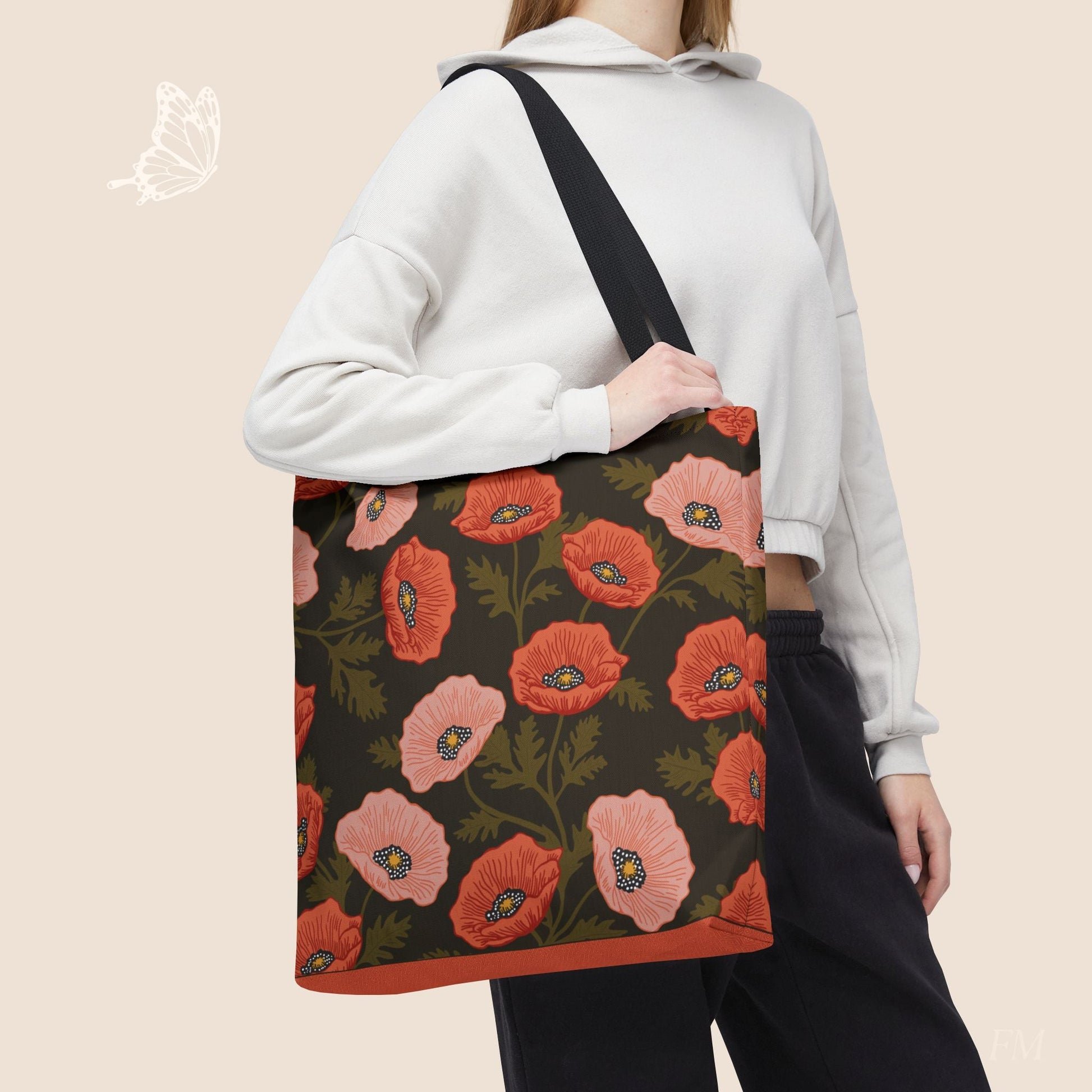 Poppy Waltz on Dark Chocolate Day Tote Bag with hand drawn artwork - Flourish Moon Studio