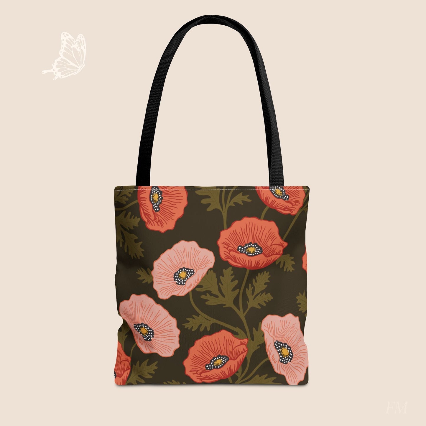 Poppy Waltz on Dark Chocolate Day Tote Bag with hand drawn artwork - Flourish Moon Studio