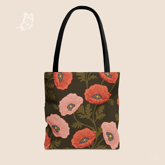 Poppy Waltz on Dark Chocolate Day Tote Bag with hand drawn artwork - Flourish Moon Studio