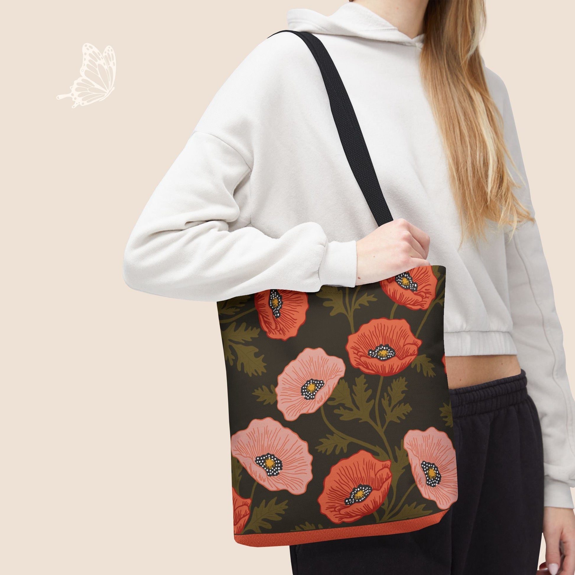 Poppy Waltz on Dark Chocolate Day Tote Bag with hand drawn artwork - Flourish Moon Studio