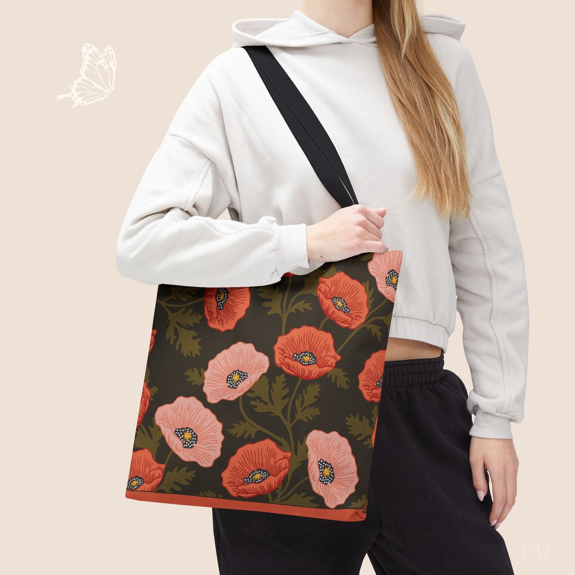 Poppy Waltz on Dark Chocolate Day Tote Bag with hand drawn artwork - Flourish Moon Studio