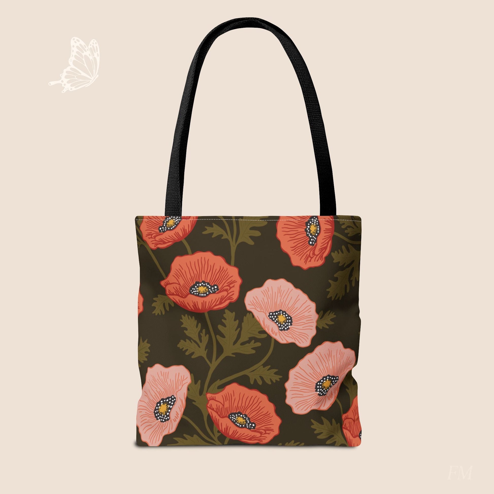 Poppy Waltz on Dark Chocolate Day Tote Bag with hand drawn artwork - Flourish Moon Studio