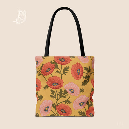 Poppy Waltz on Sunshine Yellow Day Tote Bag with hand drawn artwork - Flourish Moon Studio