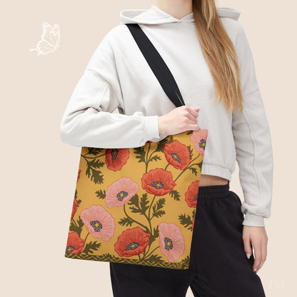 Poppy Waltz on Sunshine Yellow Day Tote Bag with hand drawn artwork - Flourish Moon Studio