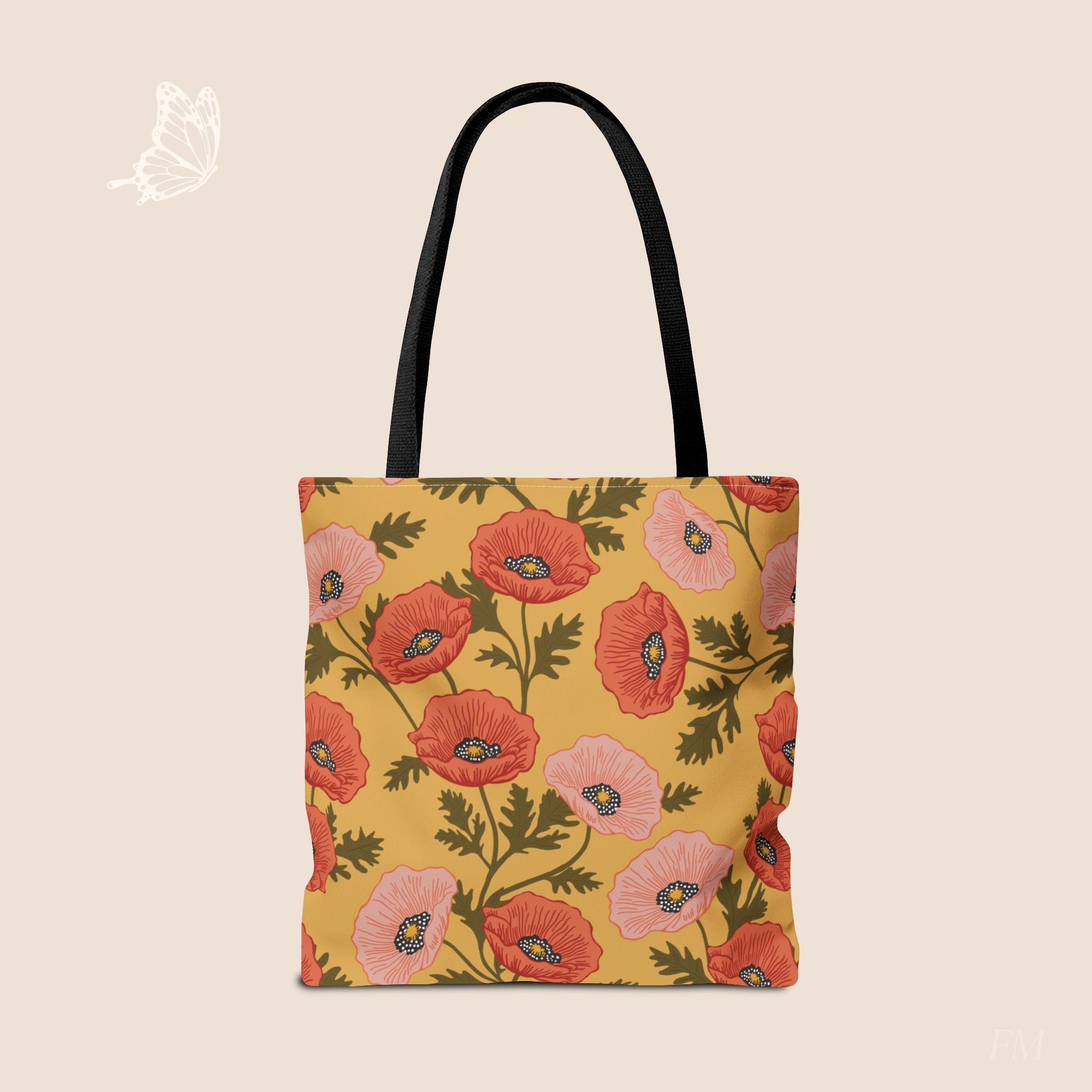 Poppy Waltz on Sunshine Yellow Day Tote Bag with hand drawn artwork - Flourish Moon Studio