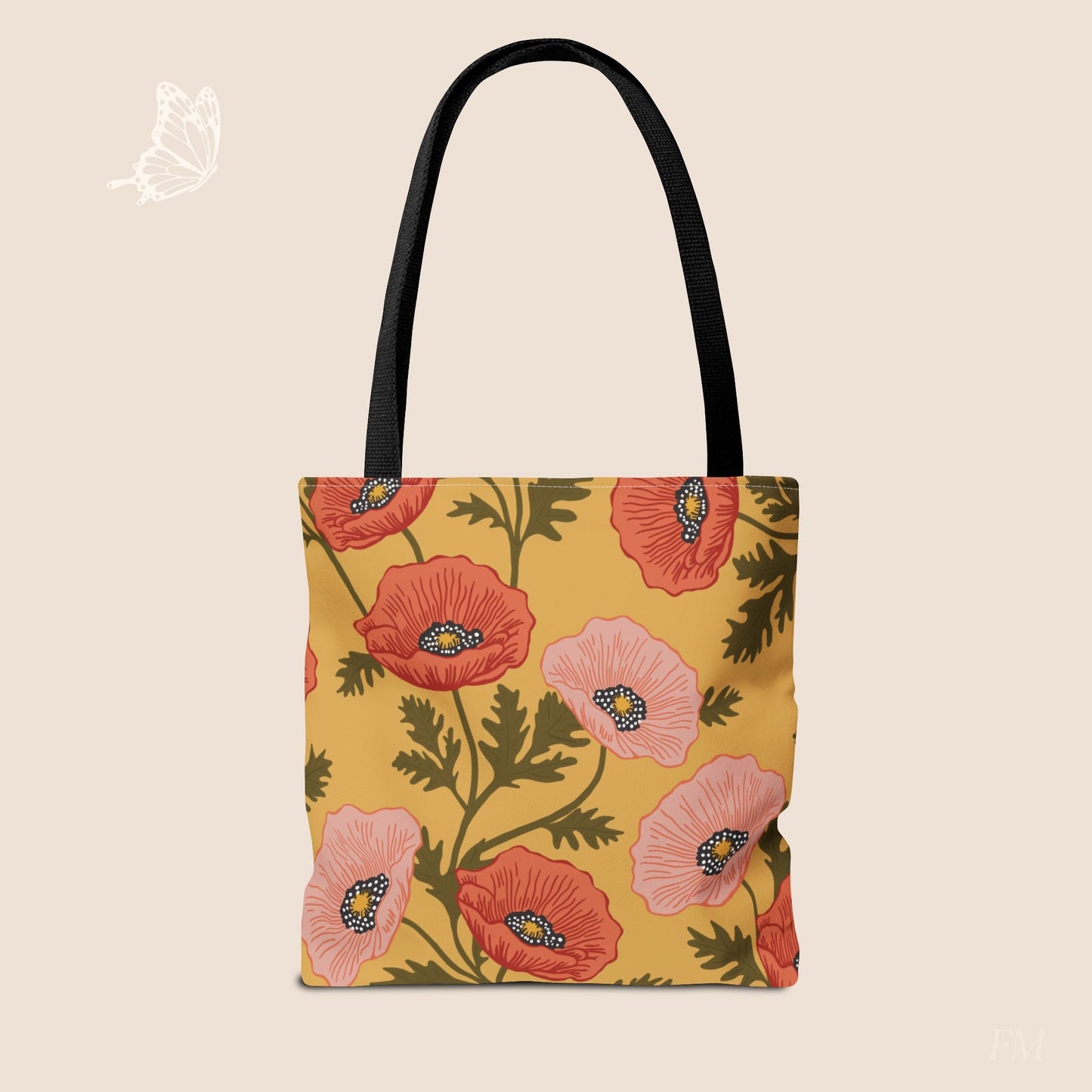 Poppy Waltz on Sunshine Yellow Day Tote Bag with hand drawn artwork - Flourish Moon Studio