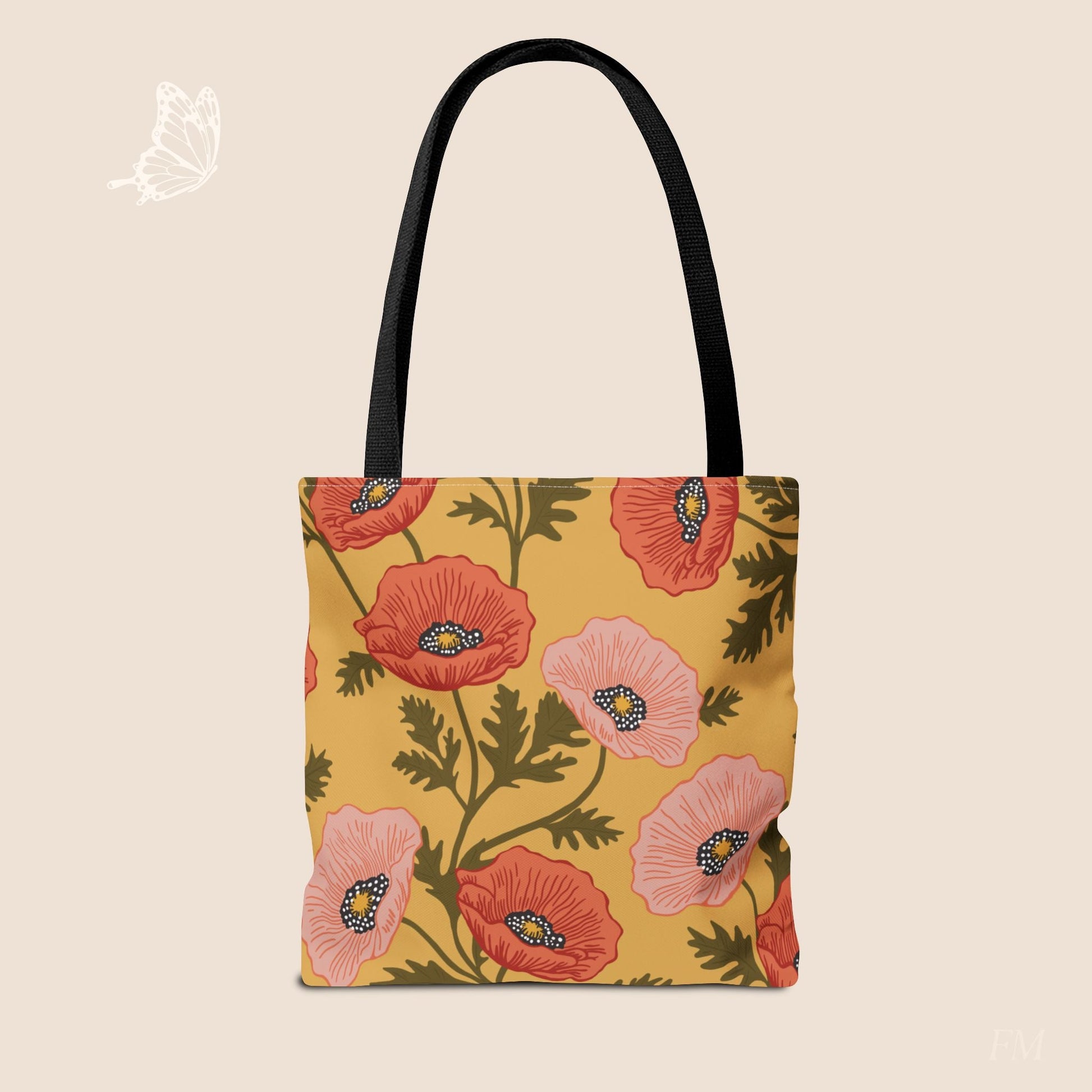 Poppy Waltz on Sunshine Yellow Day Tote Bag with hand drawn artwork - Flourish Moon Studio