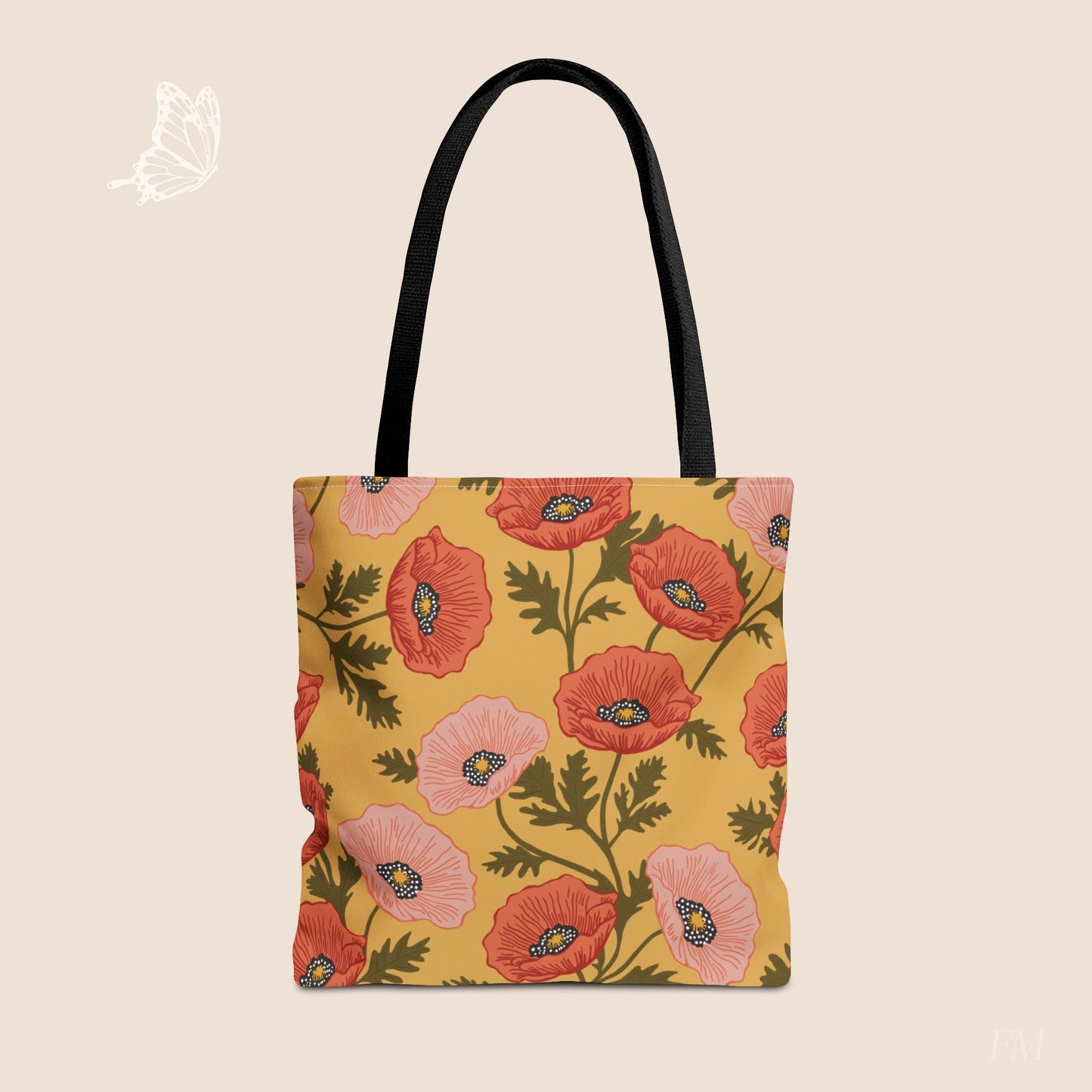 Poppy Waltz on Sunshine Yellow Day Tote Bag with hand drawn artwork - Flourish Moon Studio