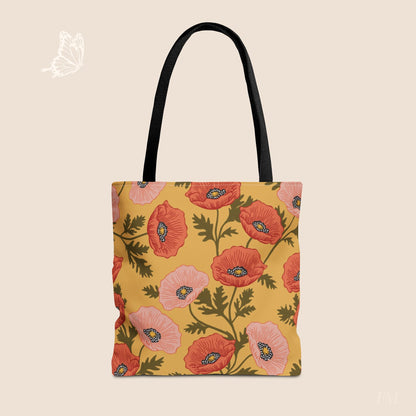 Poppy Waltz on Sunshine Yellow Day Tote Bag with hand drawn artwork - Flourish Moon Studio