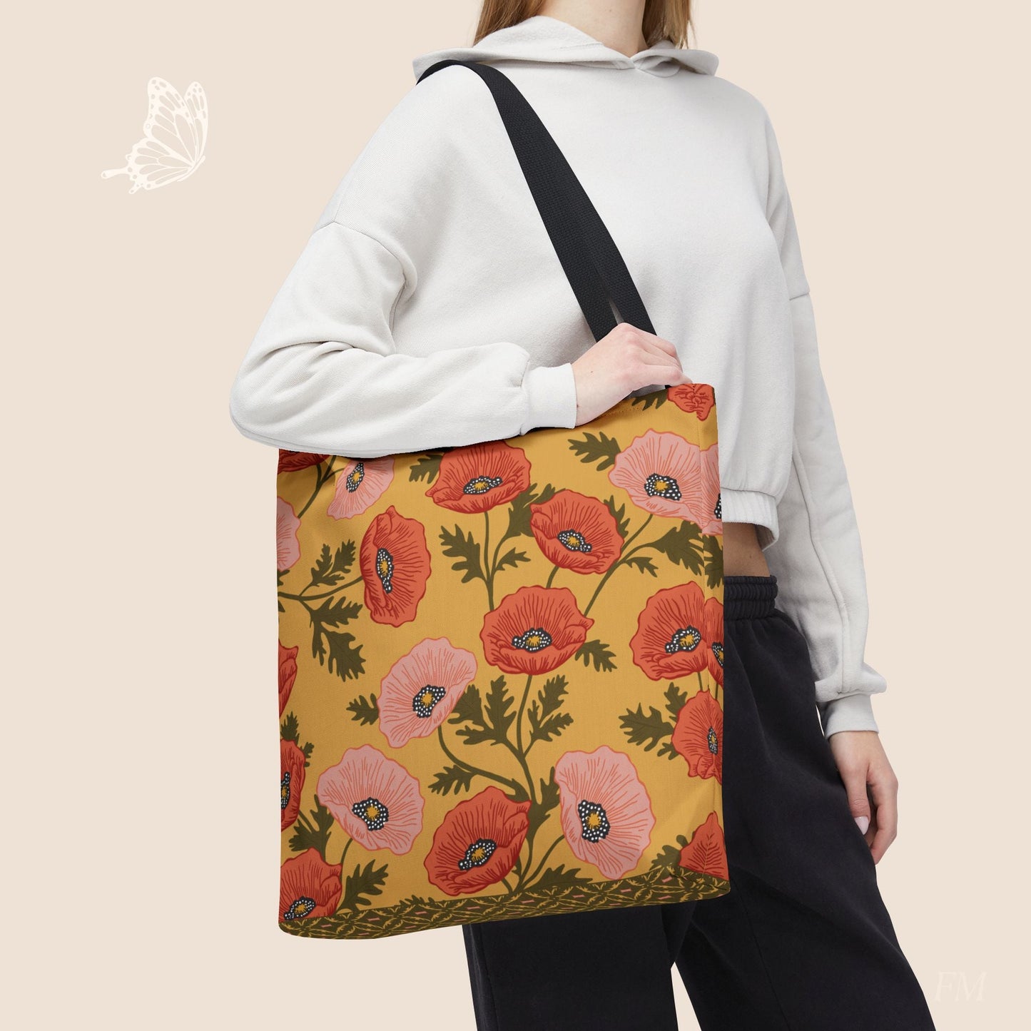 Poppy Waltz on Sunshine Yellow Day Tote Bag with hand drawn artwork - Flourish Moon Studio