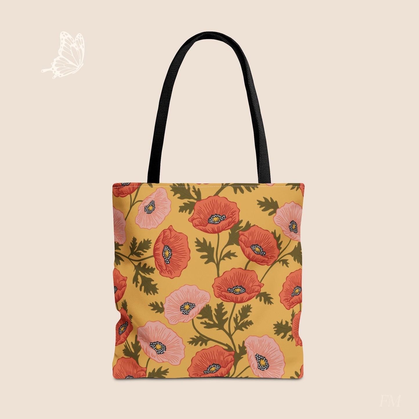 Poppy Waltz on Sunshine Yellow Day Tote Bag with hand drawn artwork - Flourish Moon Studio