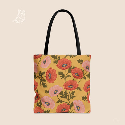 Poppy Waltz on Sunshine Yellow Day Tote Bag with hand drawn artwork - Flourish Moon Studio