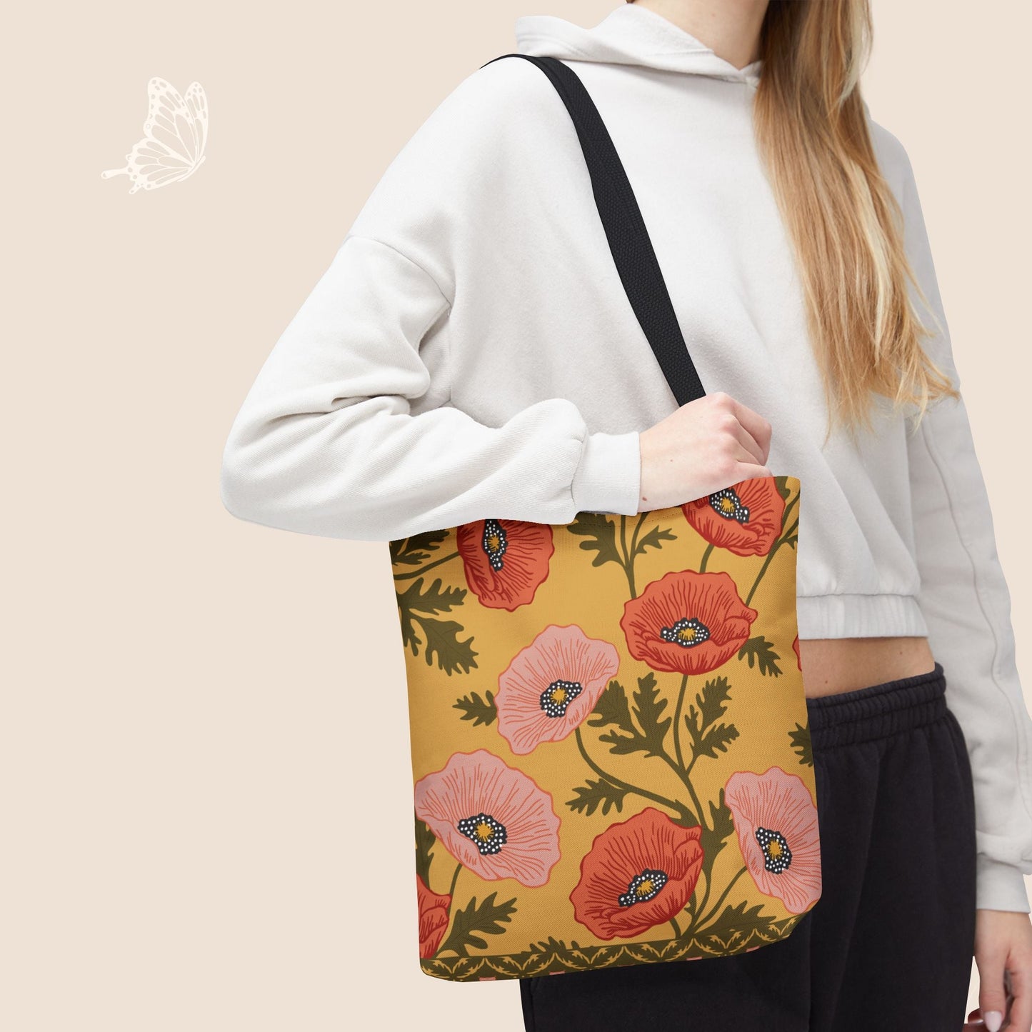 Poppy Waltz on Sunshine Yellow Day Tote Bag with hand drawn artwork - Flourish Moon Studio