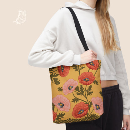 Poppy Waltz on Sunshine Yellow Day Tote Bag with hand drawn artwork - Flourish Moon Studio