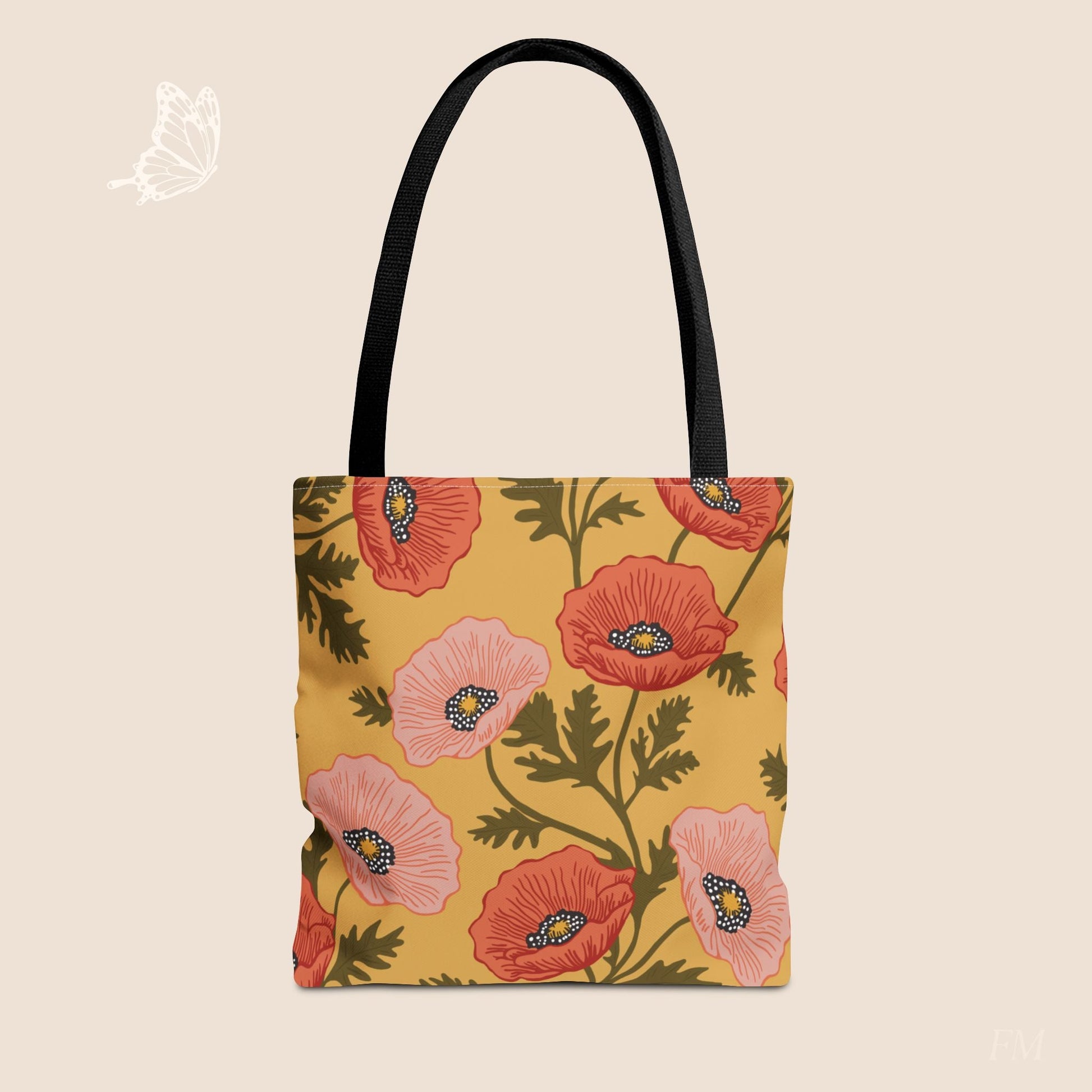 Poppy Waltz on Sunshine Yellow Day Tote Bag with hand drawn artwork - Flourish Moon Studio