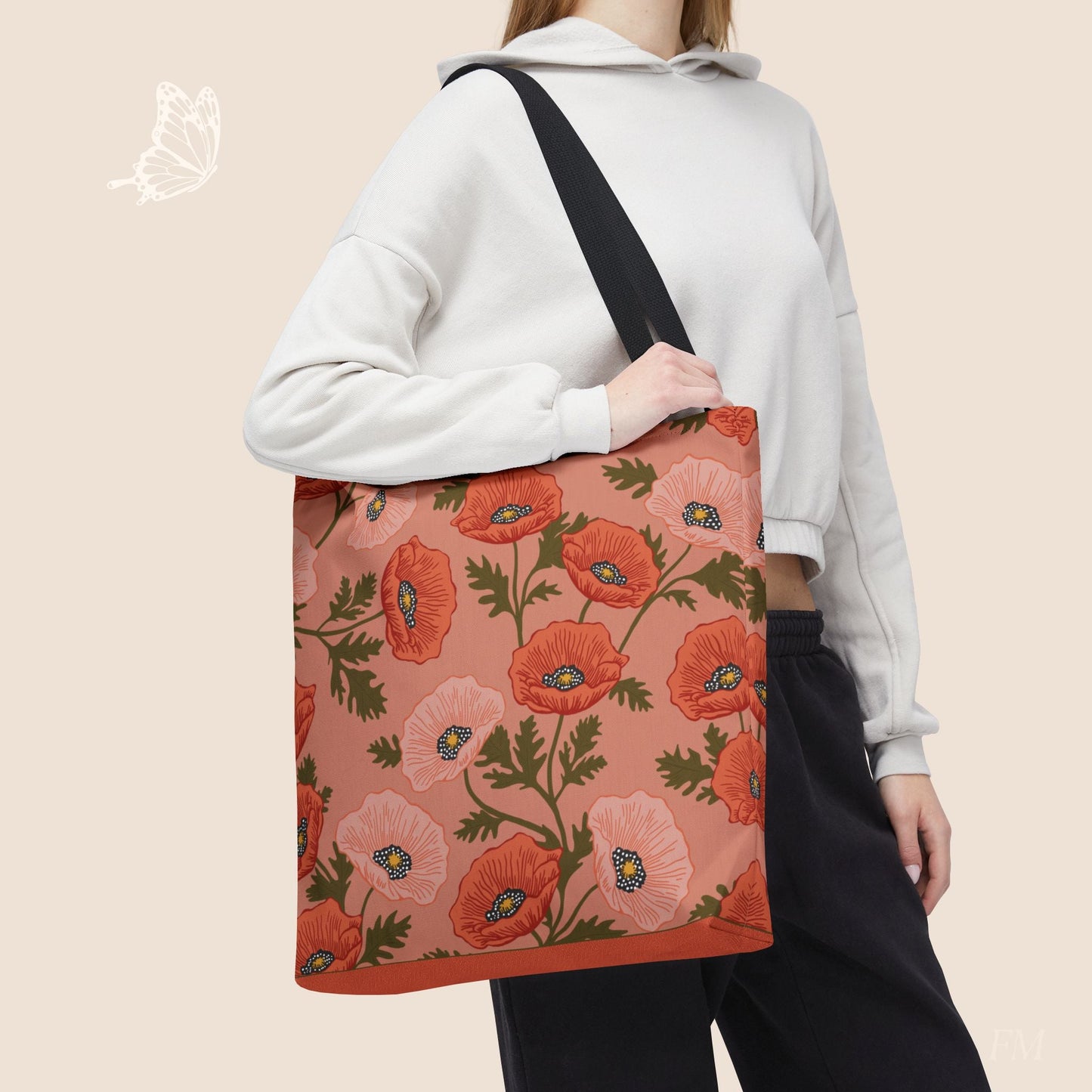 Poppy Waltz Peach Blush Day Tote Bag with hand drawn artwork - Flourish Moon Studio