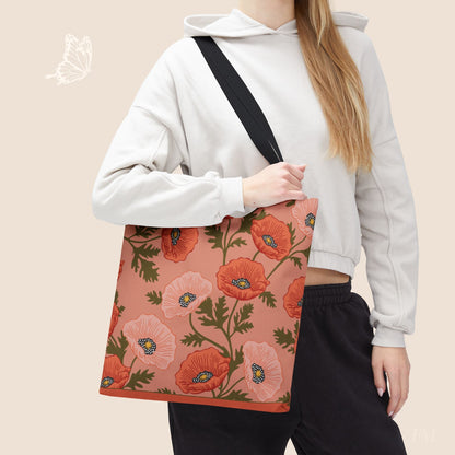 Poppy Waltz Peach Blush Day Tote Bag with hand drawn artwork - Flourish Moon Studio