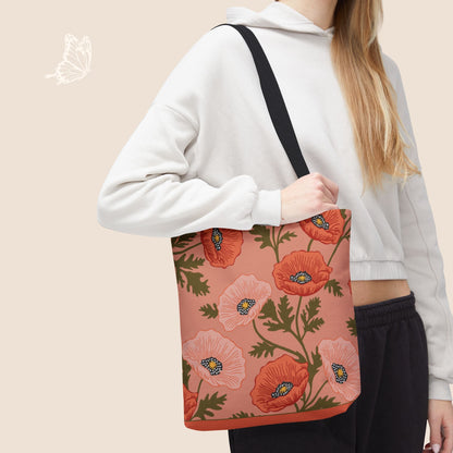 Poppy Waltz Peach Blush Day Tote Bag with hand drawn artwork - Flourish Moon Studio