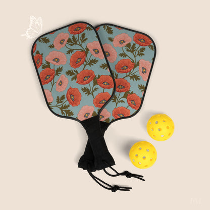 Poppy Waltz Pickleball Paddles Set with hand drawn artwork - Flourish Moon Studio