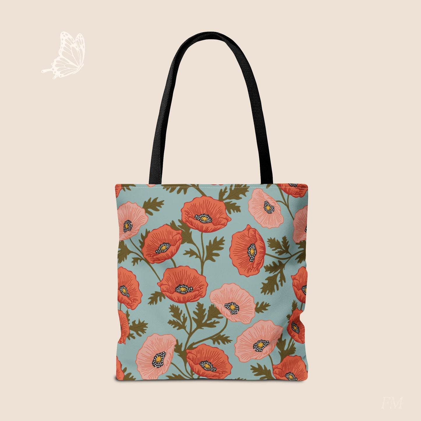Poppy Waltz Sky Blue Day Tote Bag with hand drawn artwork - Flourish Moon Studio