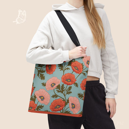 Poppy Waltz Sky Blue Day Tote Bag with hand drawn artwork - Flourish Moon Studio