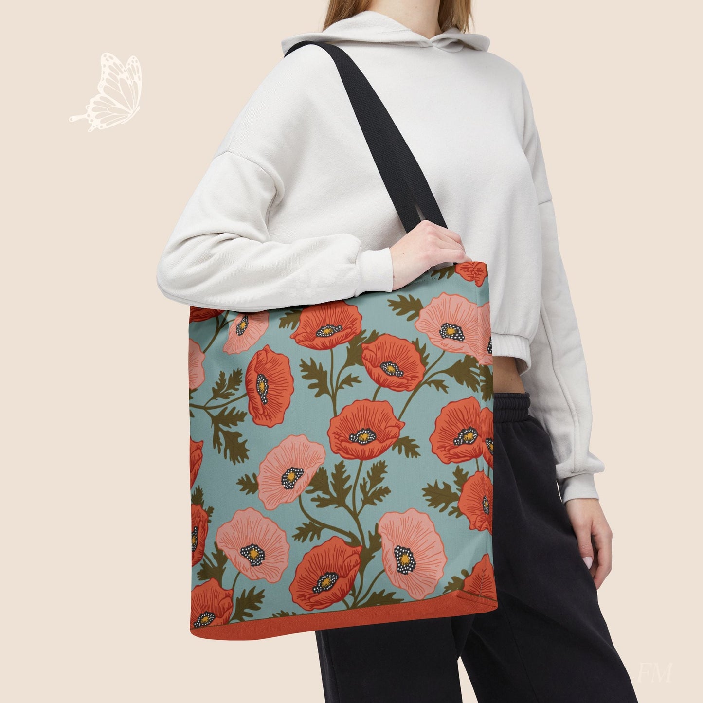 Poppy Waltz Sky Blue Day Tote Bag with hand drawn artwork - Flourish Moon Studio