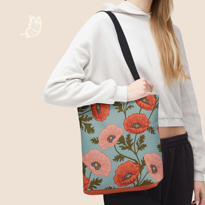 Poppy Waltz Sky Blue Day Tote Bag with hand drawn artwork - Flourish Moon Studio
