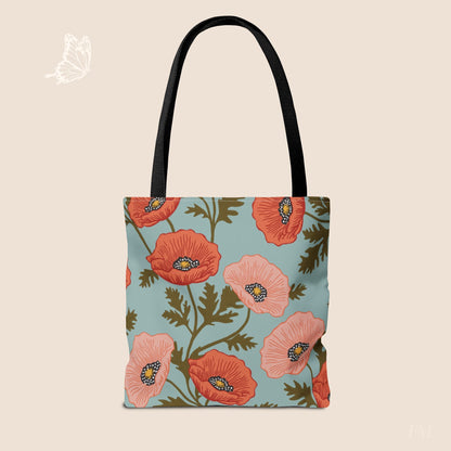 Poppy Waltz Sky Blue Day Tote Bag with hand drawn artwork - Flourish Moon Studio