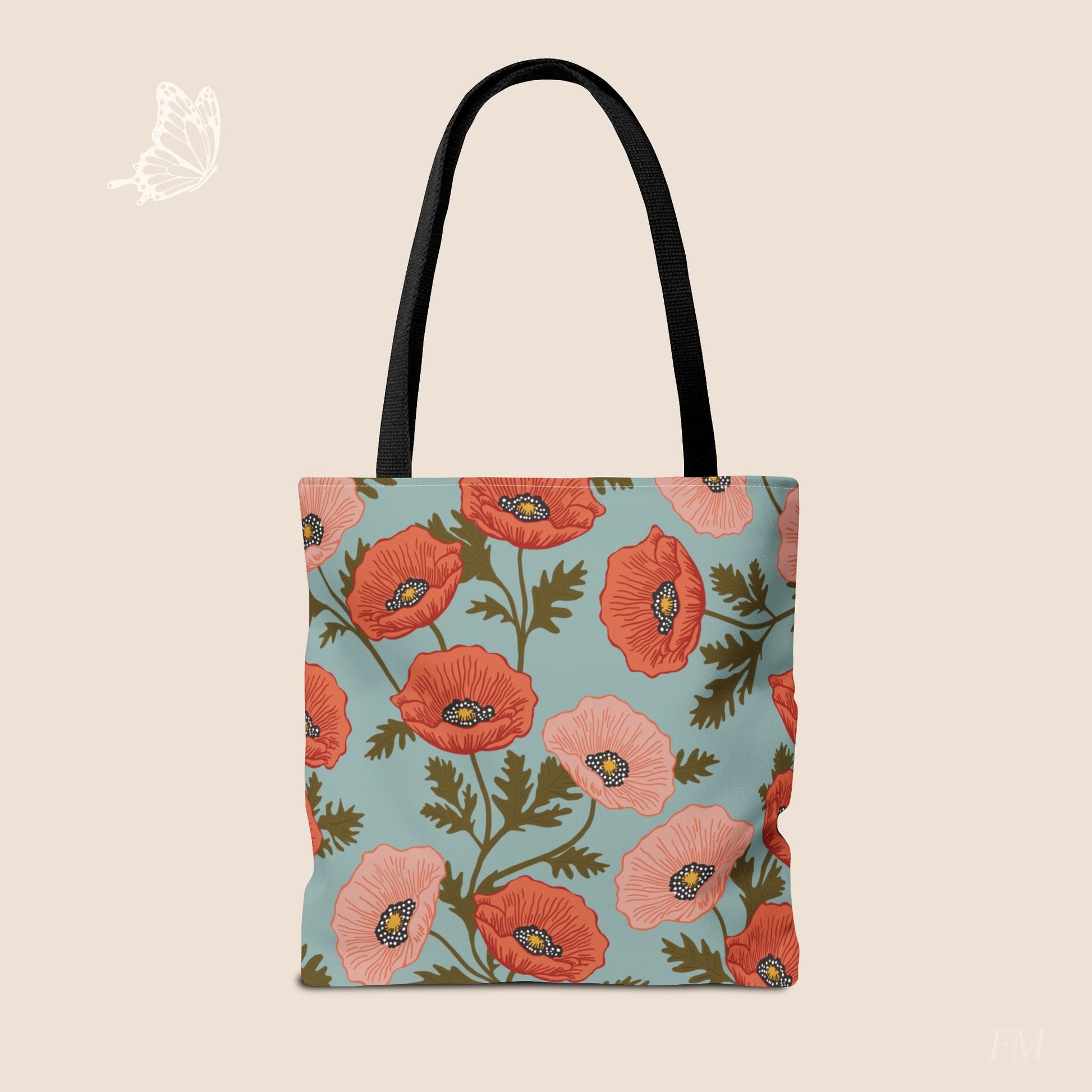 Poppy Waltz Sky Blue Day Tote Bag with hand drawn artwork - Flourish Moon Studio