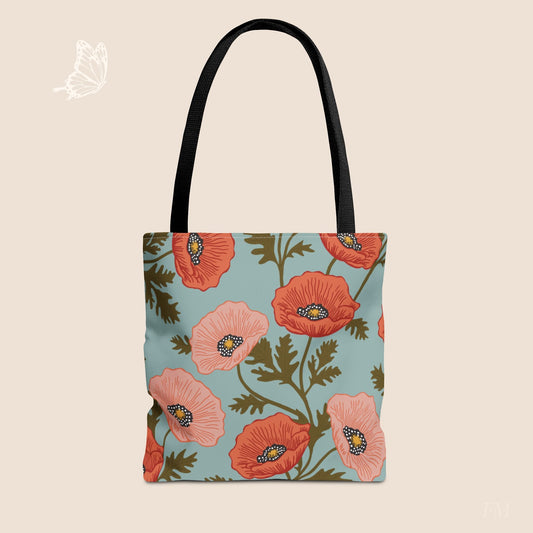 Poppy Waltz Sky Blue Day Tote Bag with hand drawn artwork - Flourish Moon Studio